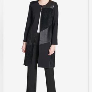 Calvin Klein Midweight Black Faux Suede And Leather Paneled Coat- Sz 6